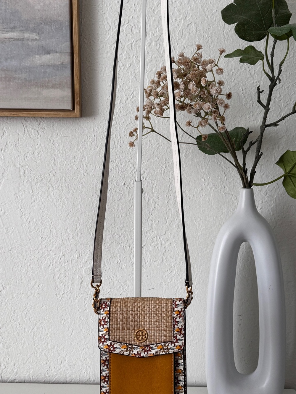 Tory Burch Mustard Yellow Woven & Floral Trim Crossbody Phone Bag
